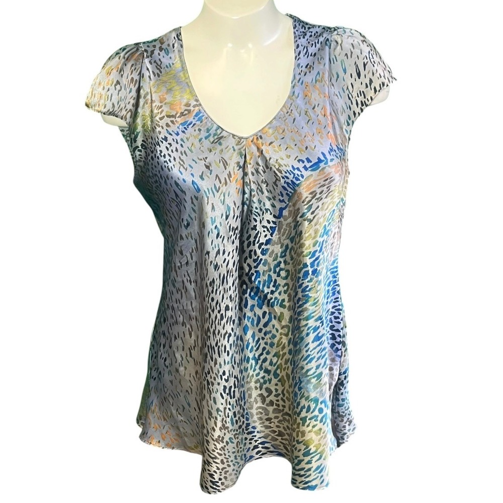 Oscar de la Renta Pink Label Blue‎ Abstract Animal Print Cap Sleeve Blouse Small